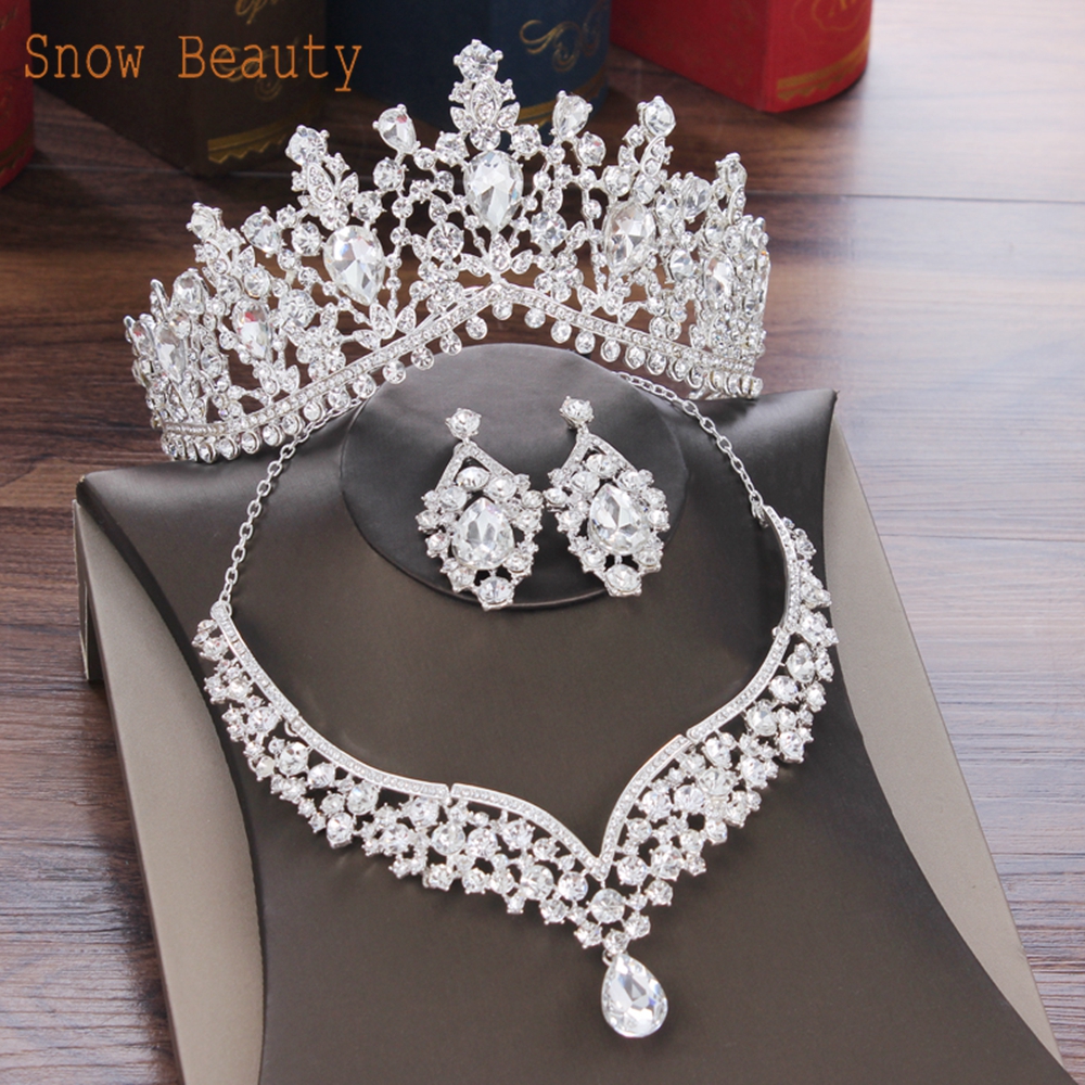 A111 Wedding Tiaras and Crowns for Bride Headwear Earring Necklace Jewelry Set Bridal Headpiece Rhinestone Headband Queen Diadem