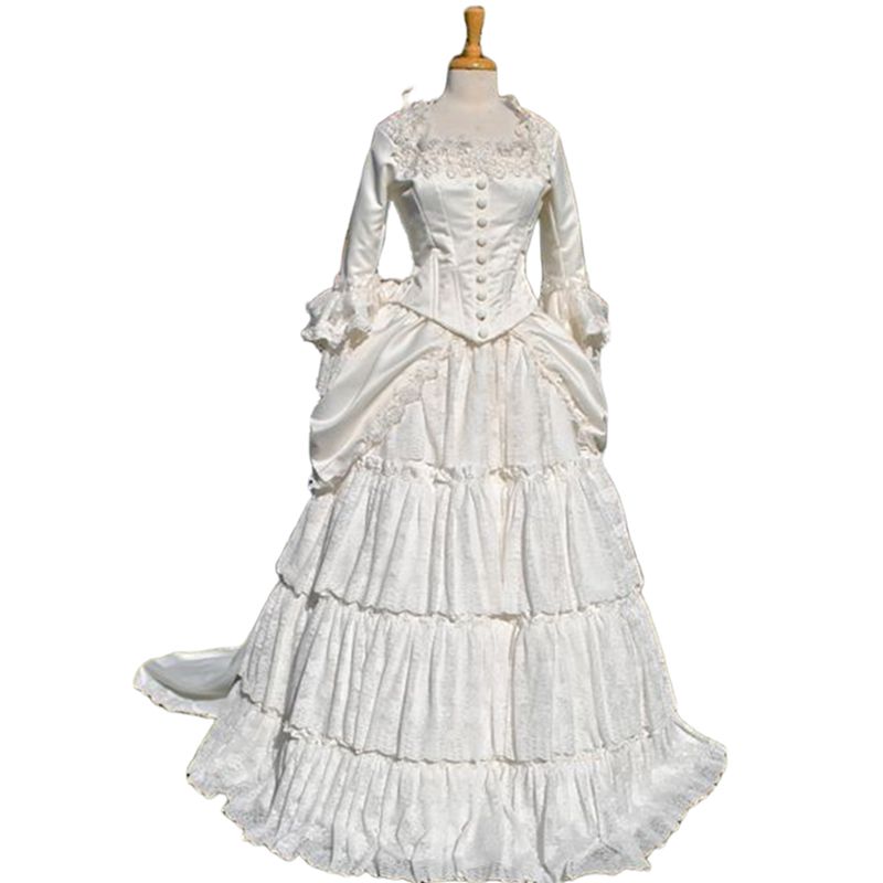 Vintage Victorian White Wedding Dresses Ruched Tiered Long Elegant Bridal Gowns Covered Buttons Lace Gothic Black Ivory Vestido De Novia