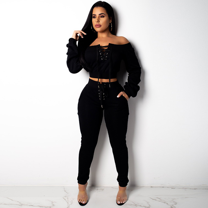 Sexy Club TWO PIECE SET Women Crop Top Cross Lace Up Long Sleeve Twin Suit Off Shoulder Sweatshirt Outfits Streetwear Tracksuit