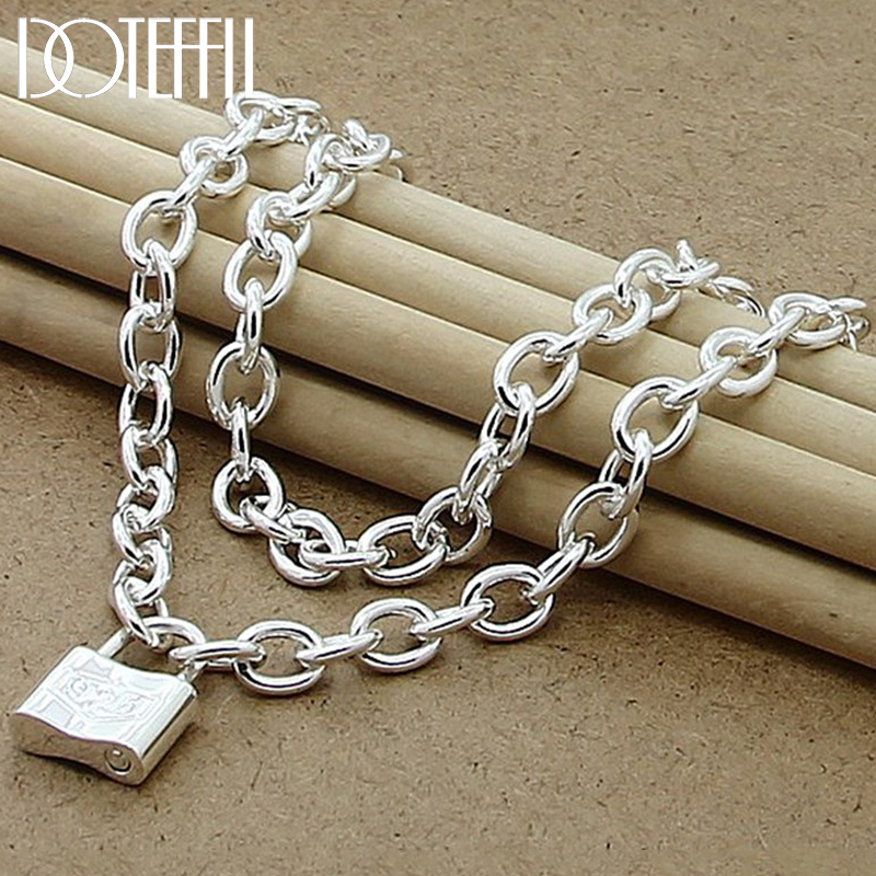 DOTEFFIL 925 Sterling Silver Square Lock Pendant Necklaces 18 Inches Chain For Women Lovers Wedding Party Jewelry