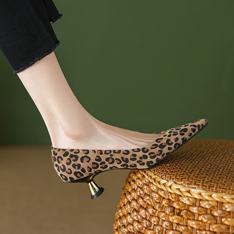Suede Leather 2023 Spring Elegent Women Pumps Pointed Toe Thin Heel High Heels Leopord Handmade Shoes Zapatos Mujer