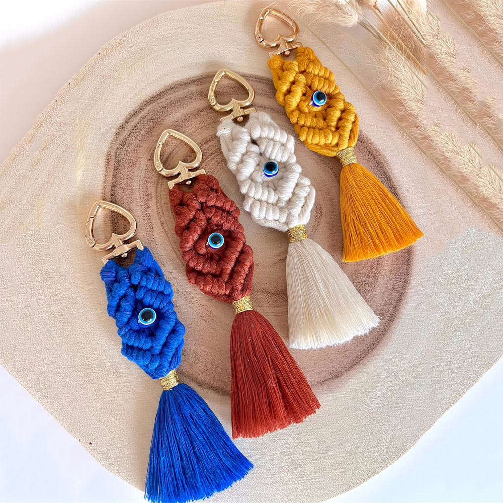 Macrame Tassel Blue Turkish Evil Eye Key Chain Lucky Eye Keychain for Women Men Jewelry Pendant Bag Accessories Handmade Gift