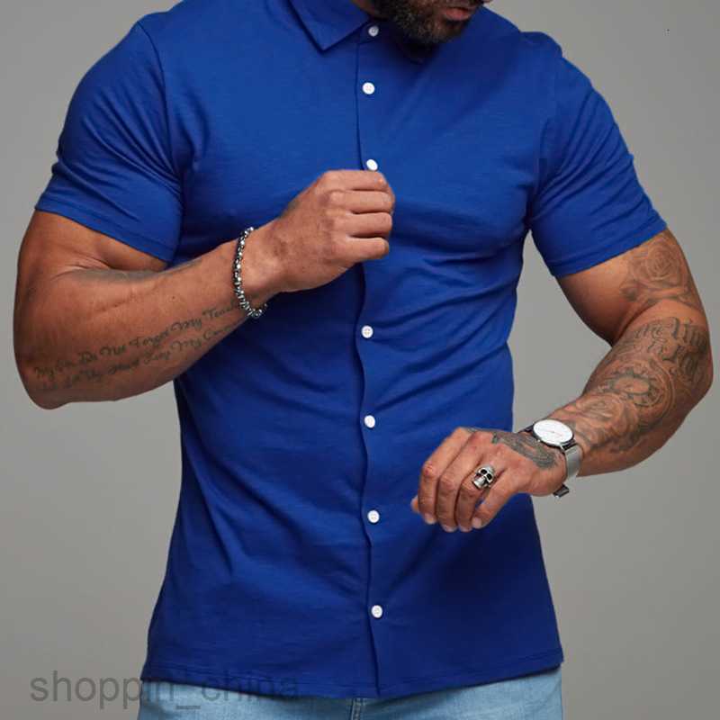 Men's Casual Shirts New Male slim fitting solid color collar casual imitation cotton shirt short sleeved youth men clothing tops