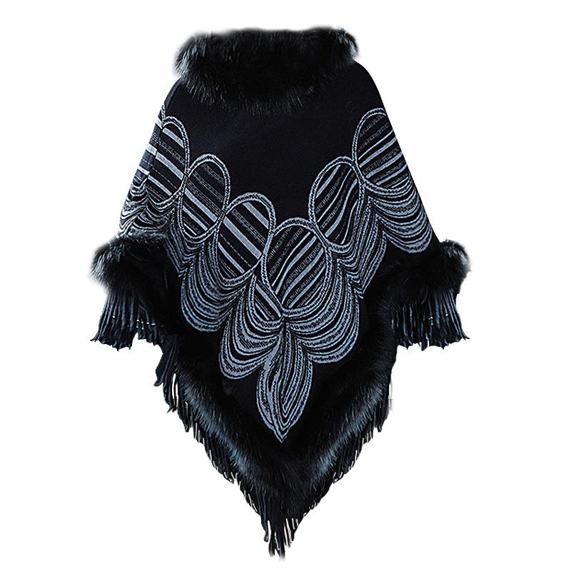 Winter Women Long Triangle Faux Cashmere Oversize Round Pattern Streetwear Shawl Knitted Poncho Cape Fur Loose Tassel Pullover