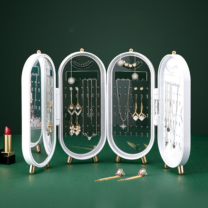 Plastic Large Jewelry Box Organizer 4 Fan Storage Case Necklace Earrings Ring Mirror Display Desktop Jewel Holder
