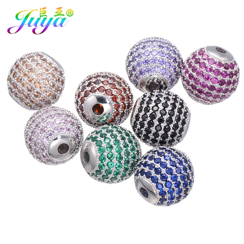 Juya DIY Jewelry Metal Beads Micro Pave Colorful Crystals Handmade 12mm Metal Ball Beads For Women Men Beadwork Jewelry Making