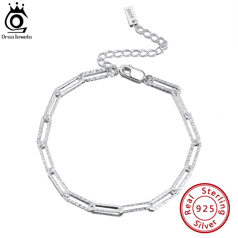 ORSA JEWELS Italian Real 925 Sterling Silver 3.5mm Paperclip Bracelet Handmade Hammered Link Chain for Women Jewelry Gifts SB120