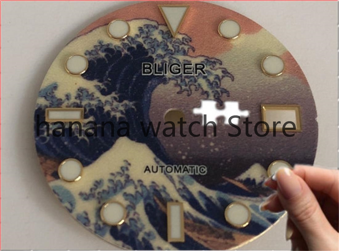 Bliger Special Design Green Super Luminous Nologo 28.5MM Automatic Wave Watch Dial fit NH35A Movement Green Luminous