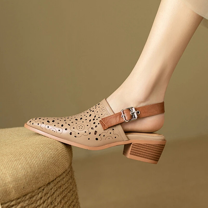 NEW Summer Genuine Leather For Women Pointed Chunky Heel Shoes Cover Toe Slingback Hollow Beige Sandals 68