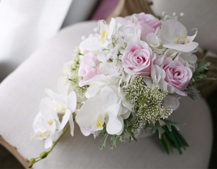 New Vintage Artificial Flowers Waterfall Wedding Bouquets Ivory Pink Cascading Bridal Bouquets De Mariage Roses Orchid 2018 Hot
