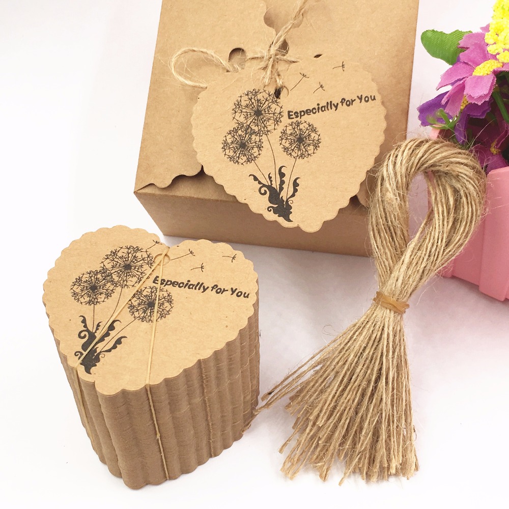 100pcs DIY Kraft Paper Tags Brown Heart Shape Label Luggage Wedding Note Blank price Hang tag Kraft Gift tags+100pcs strings