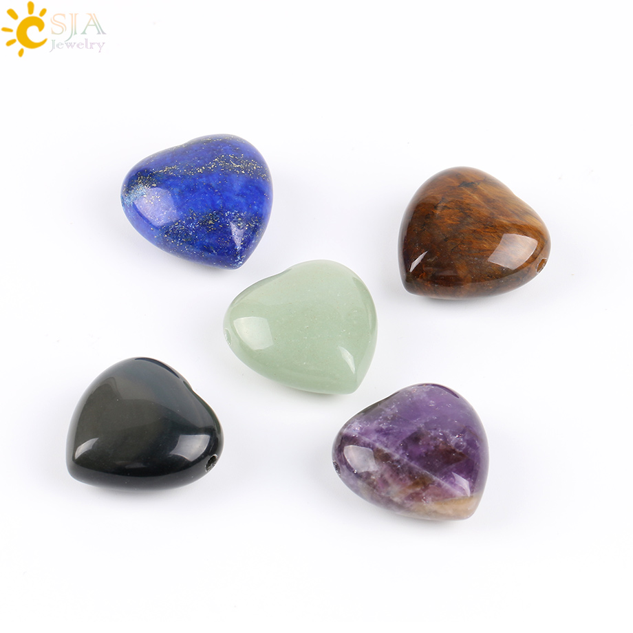 CSJA Natural Gem Stone Love Heart Pendants Lapis Lazuli Tiger Eye Clear Crystal Pink Quartz Opal Reiki Chakra DIY Jewellery E570