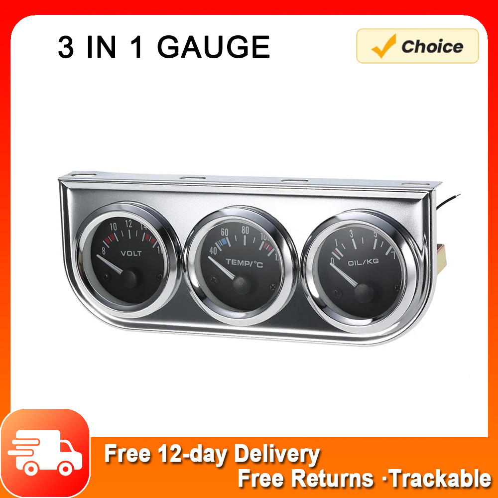 52MM Oil Pressure Fahrenheit Water Temperature Gauge Voltmeter Chrome 3 in 1 Gauge Kit Car Motorcycle Meter Oil Pressure Sensor