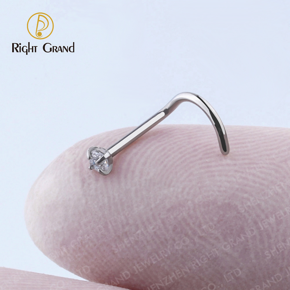 Right Grand Implant Grade ASTM F136 Titanium 20G 2mm Round CZ Nose Screw Studs Rings Piercing Jewelry
