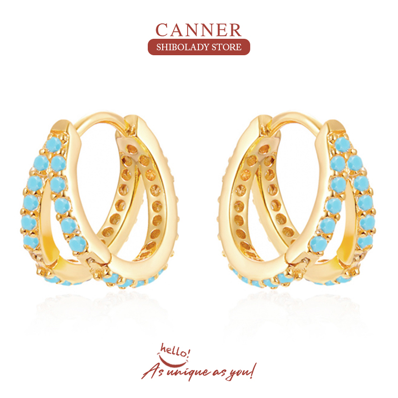CANNER Real 925 Sterling Silver Earrings For Women Double Row Turquoise Personality Earrings Hoops Jewelry Aretes De Mujer