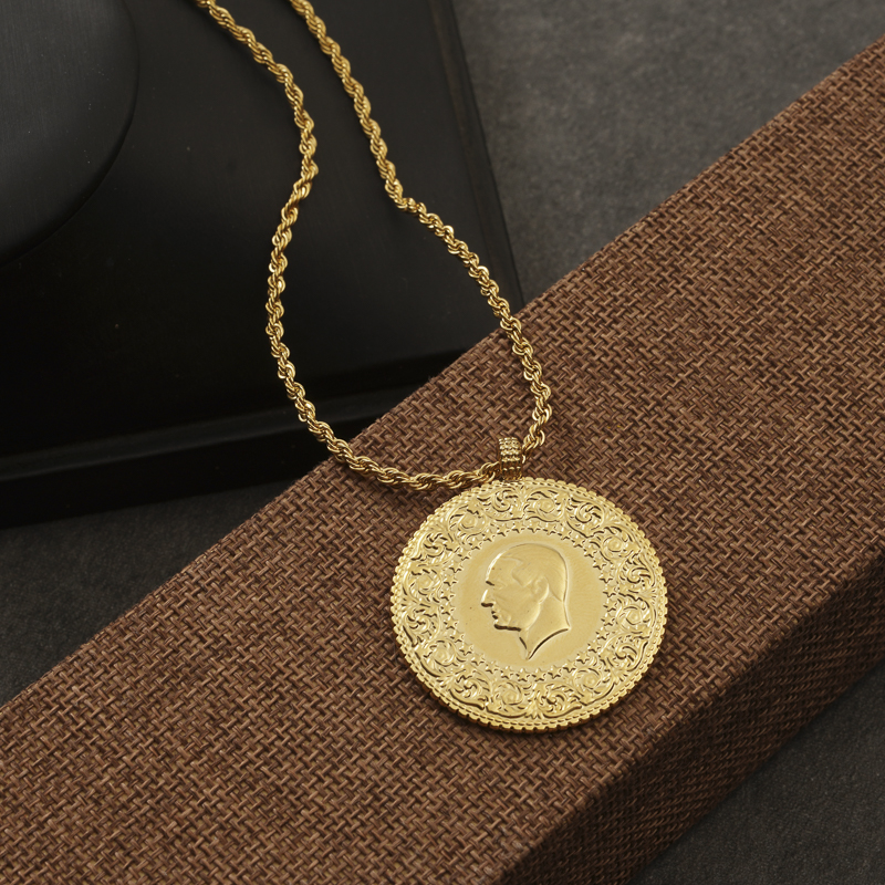Ottoman Turkish Totem Gold Plated Pendant with Slid Chain Islam Coin Jewelry Spiritual Gifts for Women Ethinc Pendant Chains