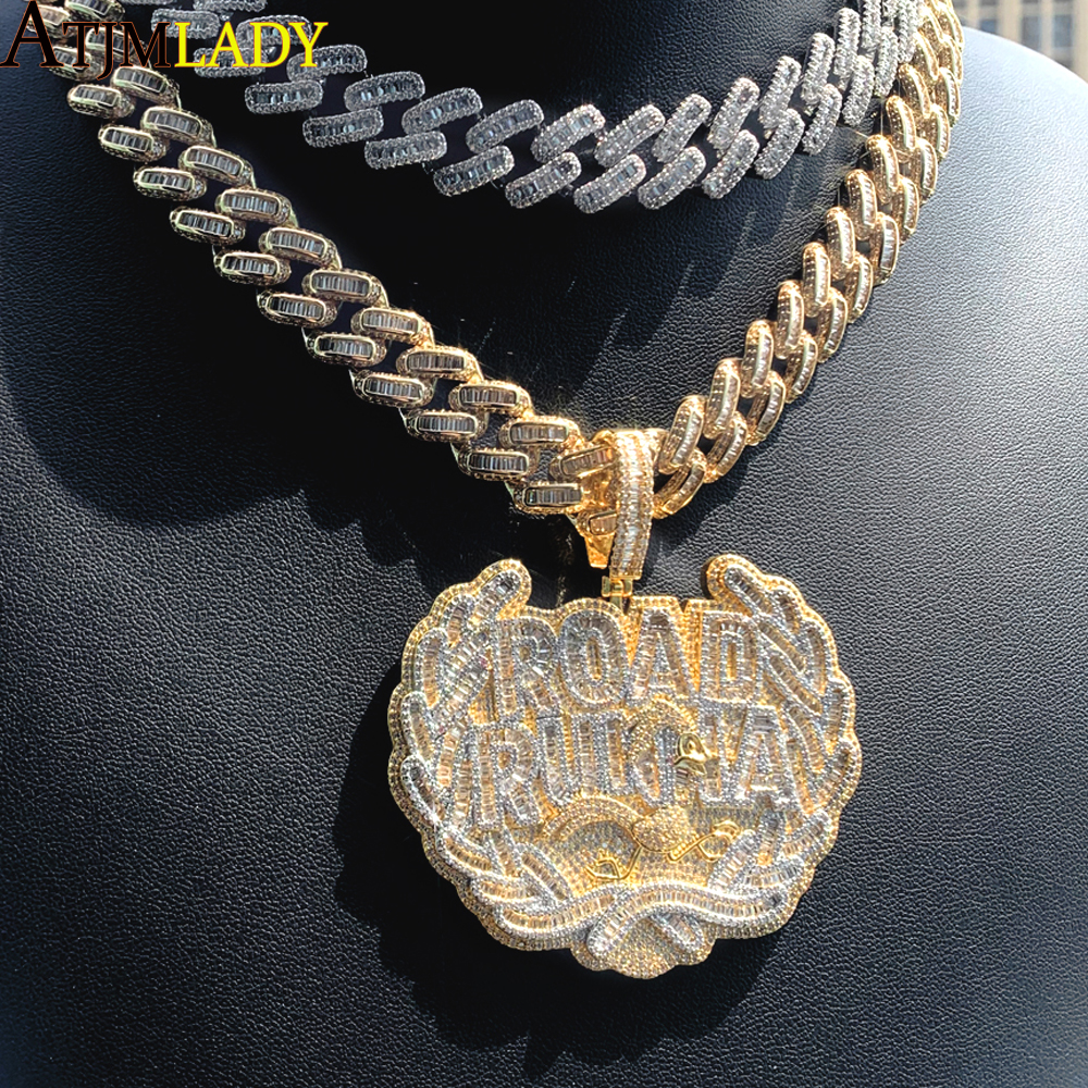 New Hip Hop Iced Out Cz Letter Road Runna Pendant Necklace Micro Pave Sparking Bling Cubic Zirconia Charm Men Boy Jewelry