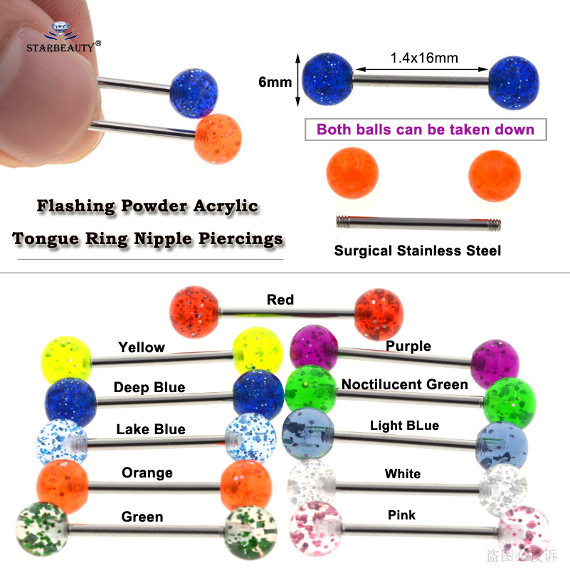 Starbeauty 7pcs Flashing Powder Barbell Tongue Piercing Tongue Rings Acrylic Nipple Ring Helix Piercing langue Pircing Earrings