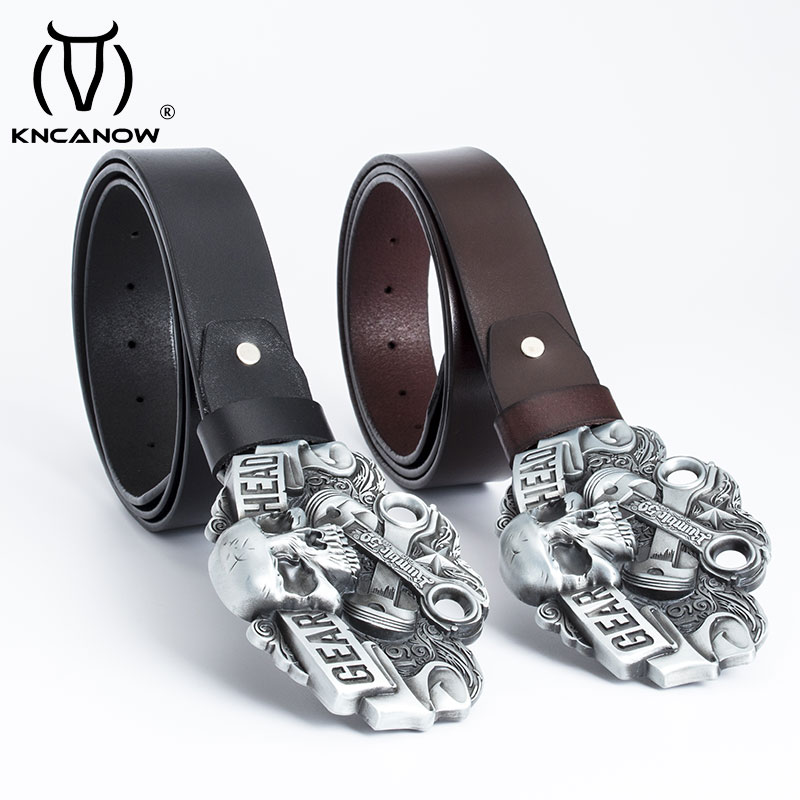 High Quality Leather Belt Men Strap Luxury Skull Gear Head Punk Buckle Fancy Vintage Western Cowboy Jeans Cinto Free Shipping