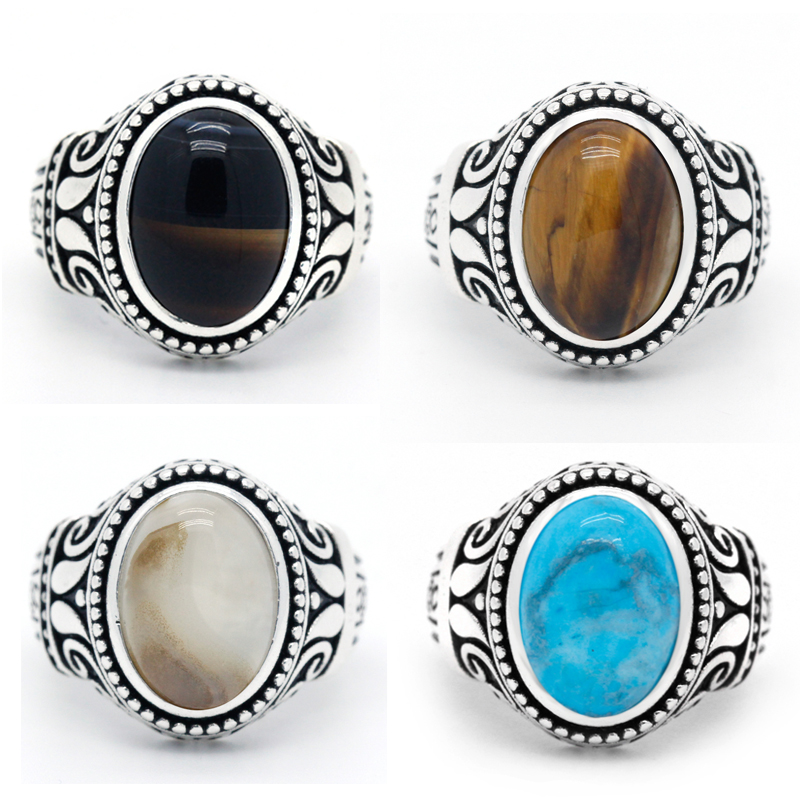 Vintage 925 Sterling Silver Male Ring with Turquoise/Agate/Tiger Eyes Stone Men Rings Turkish Handmade Thai Silver Jewelry Gift