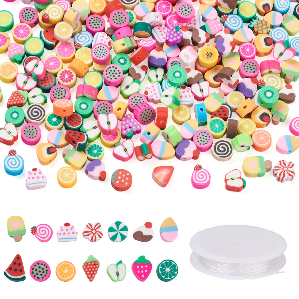 400Pcs 2 Style DIY Stretch Bracelet Making Kits With Handmade Polymer Clay Beads Fruit Theme 1 Roll Elastic Crystal Thread