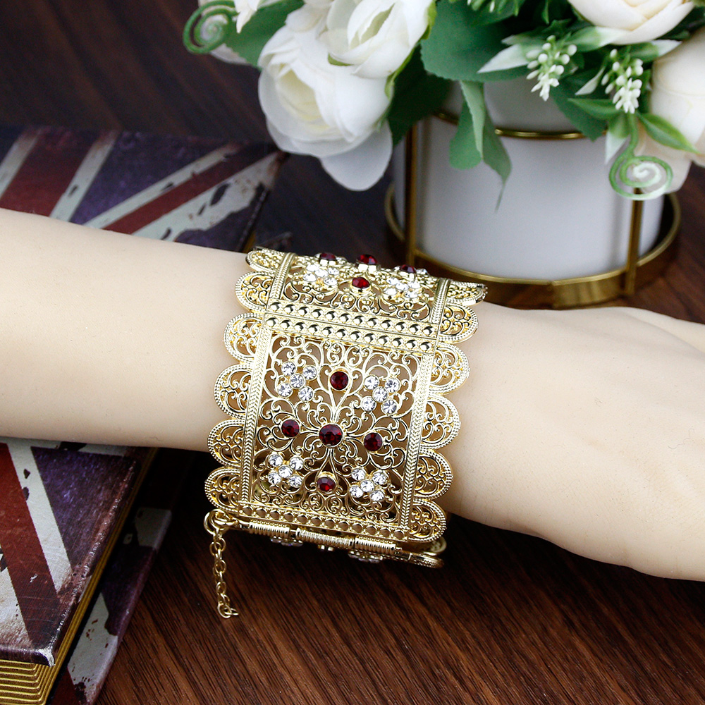 Sunspicems Gold Color Algeria Bangle Big Size For Women Crystal Flower Cuff Bracelet Ethnic Morocco Bride Wedding Jewelry