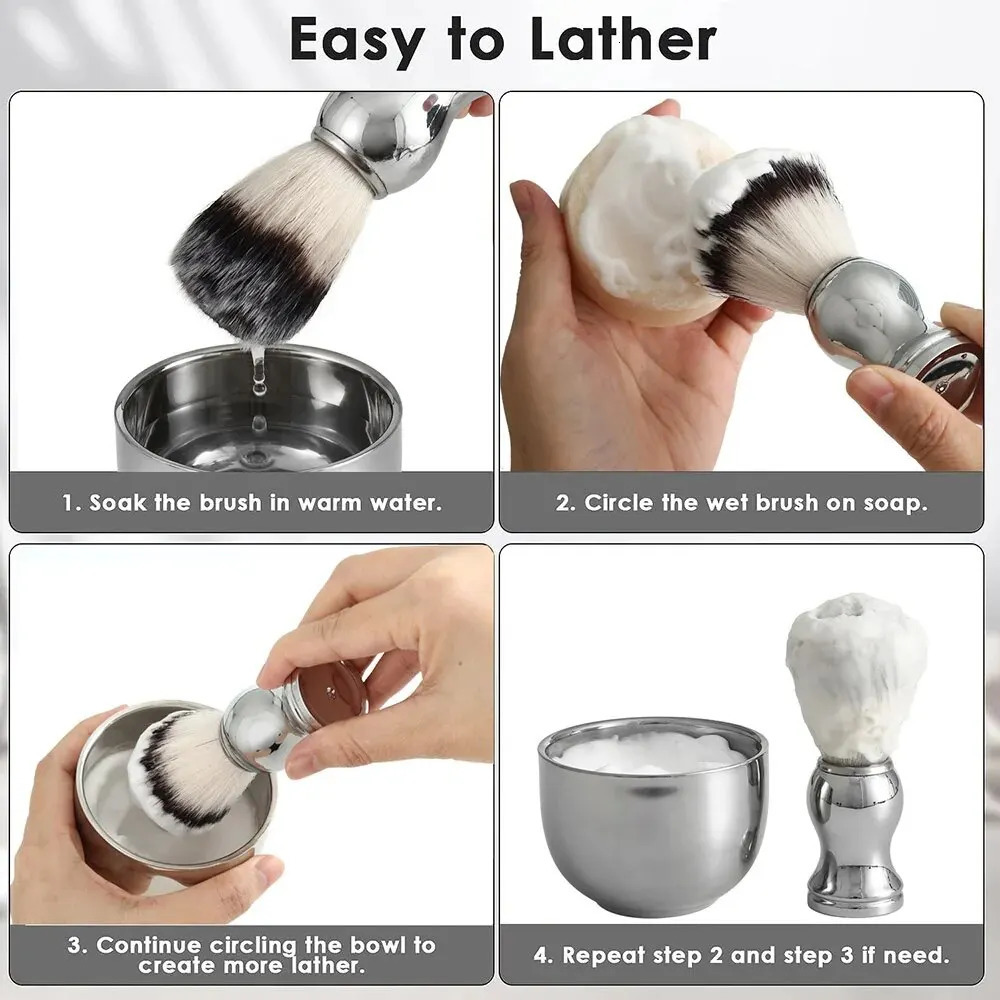 3in1 Vegan Style Synthetic Badger Hair Shaving Brush Stainless Steel Shaving Soap Bowl and Brush Holder Stand Set for Men 240624