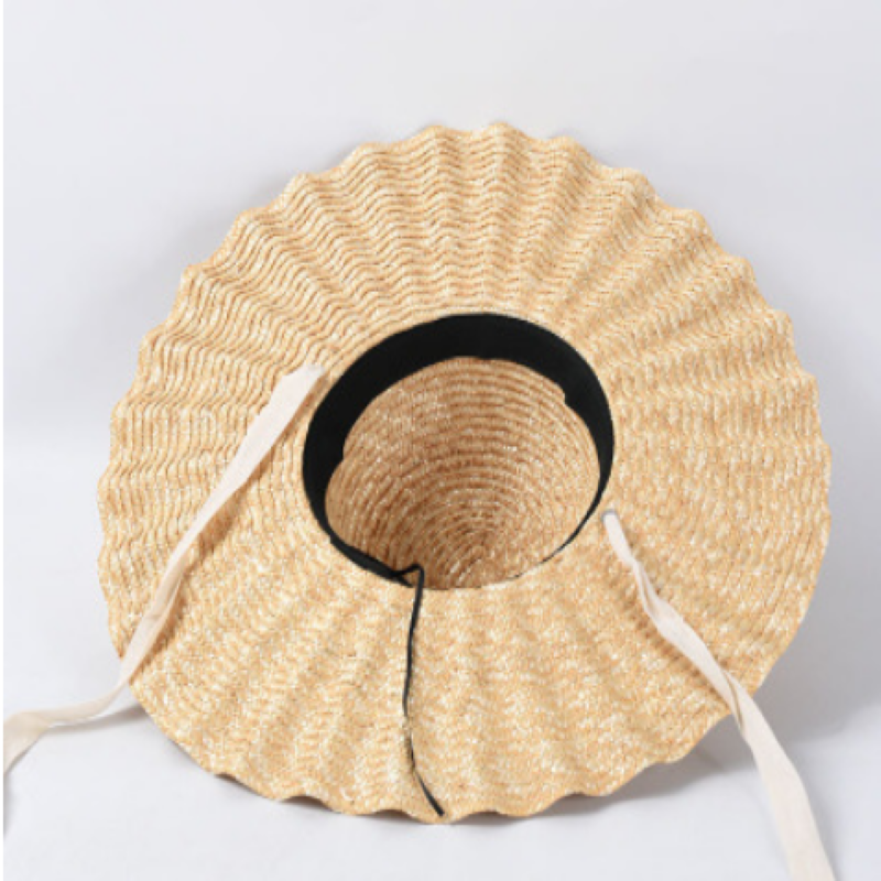Natural Large Wide Brim Wavy Ruffles Hats wheat-straw Hat Women Summer Fringe Beach Hat Weave Sun Hat With Black&White Belt