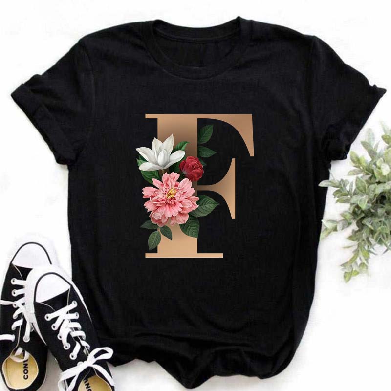 A B C D E English Alphabet Print T Shirt Women New Summer Couples Lovers Female T-Shirt Harajuku Casual Black Tops Tshirts