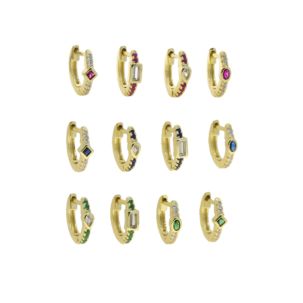 Set Of 4 Pieces Red Blue Green Cubic Zirconia Paved Gold Color Mini Small Multi Piercing CZ Hoop Earring