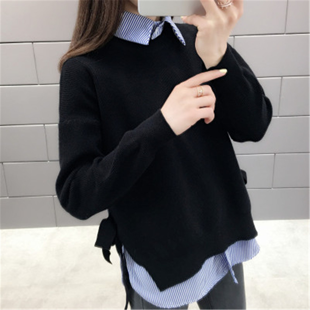 Pullover Women Solid Spring Lace Up Stylish Side-slit Korean Style Leisure Plus Size 3XL Loose Womens Sweaters All-match Tops