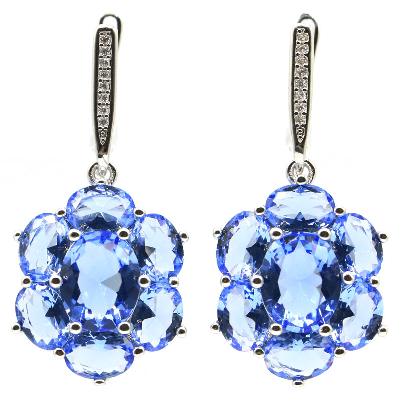 38x17mm SheCrown Jewerlry Set Real Green Emerald Violet Tanzanite White CZ For Sister Bride Wedding Silver Earrings Pendant