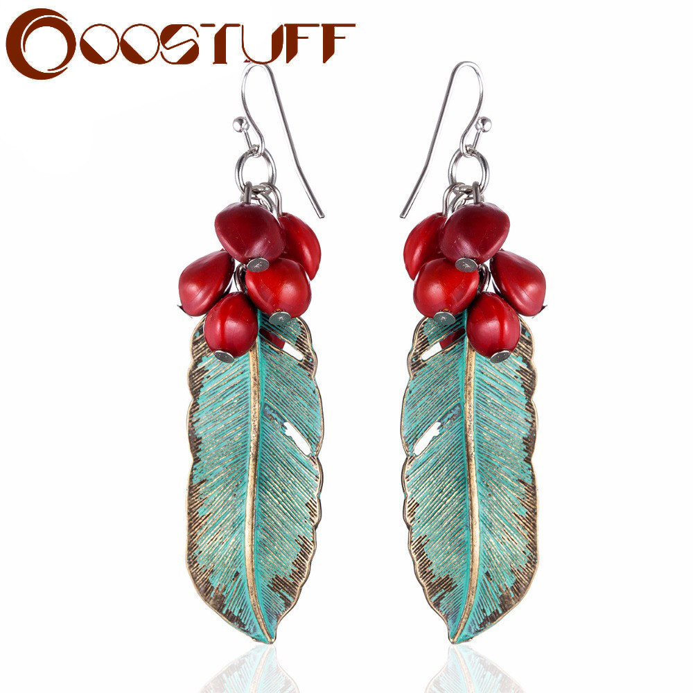 2023 Wholesale Beautiful Handmade Vintage for Women Earrings Green Feather Red Beans Pendientes brincos Jewelry Christmas Gift