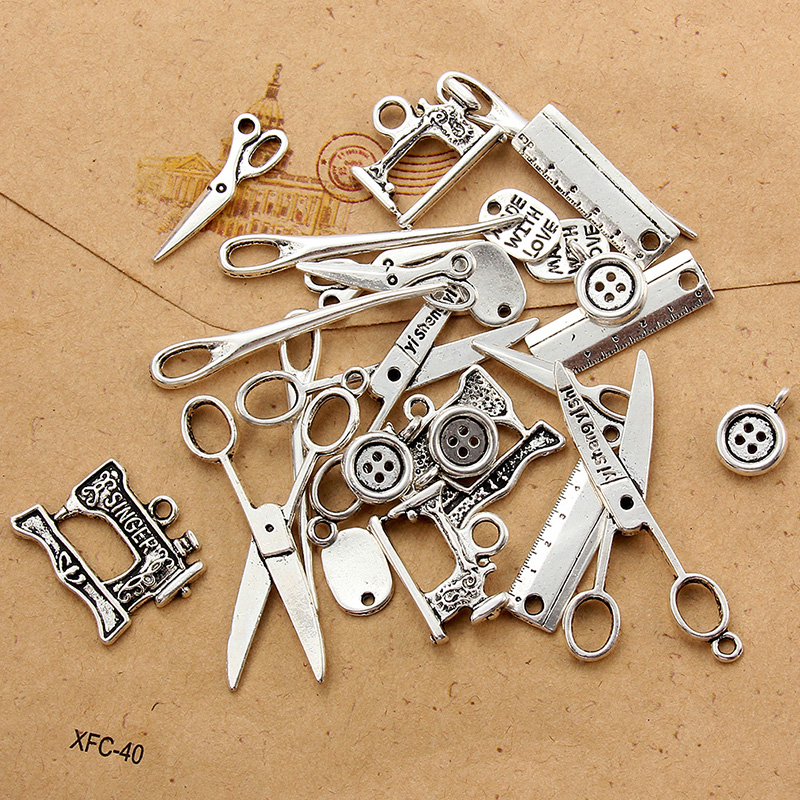 24 Pcs Mixed Antique Silver color Alloy Charms Tools Sewing Pendants DIY Jewelry Making Jewellry Accessories Necklace Ornament