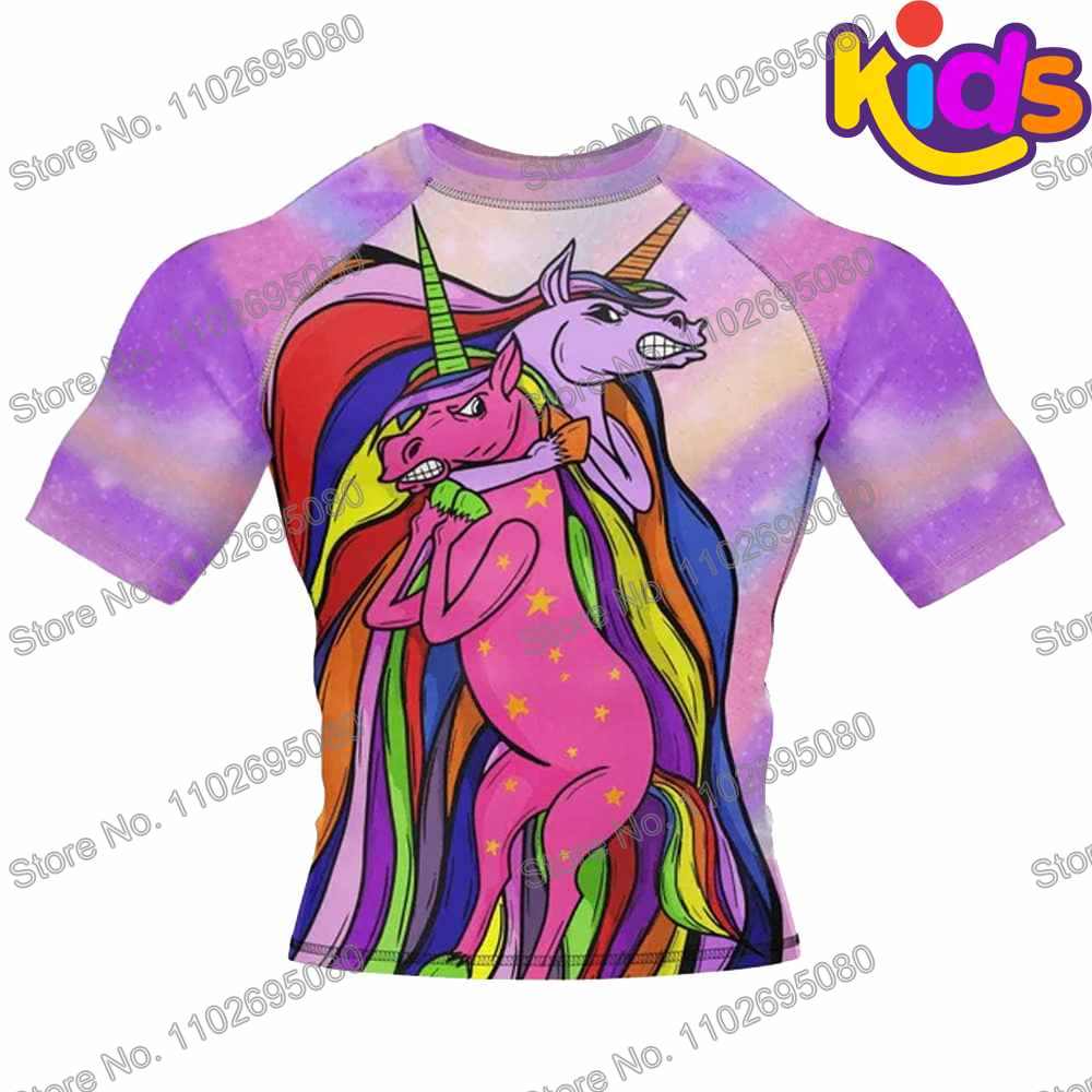 Kids Unicorn Surf Clothing BJJ MMA Boys Rash Guard Short Sleeve Diving T-Shirt Tight Swimwear Summer Beach Floatsuit Girls Tops