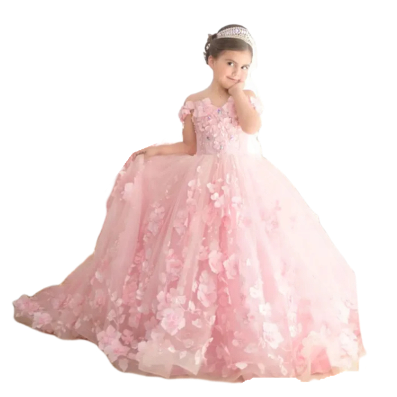 Princess Pink Flower Girls Dresses 3D Floral Appliques Off Shoulder Ball Gown Sweety Birthday Party Dress Toddler Kids Formal Wear Graduation Christen