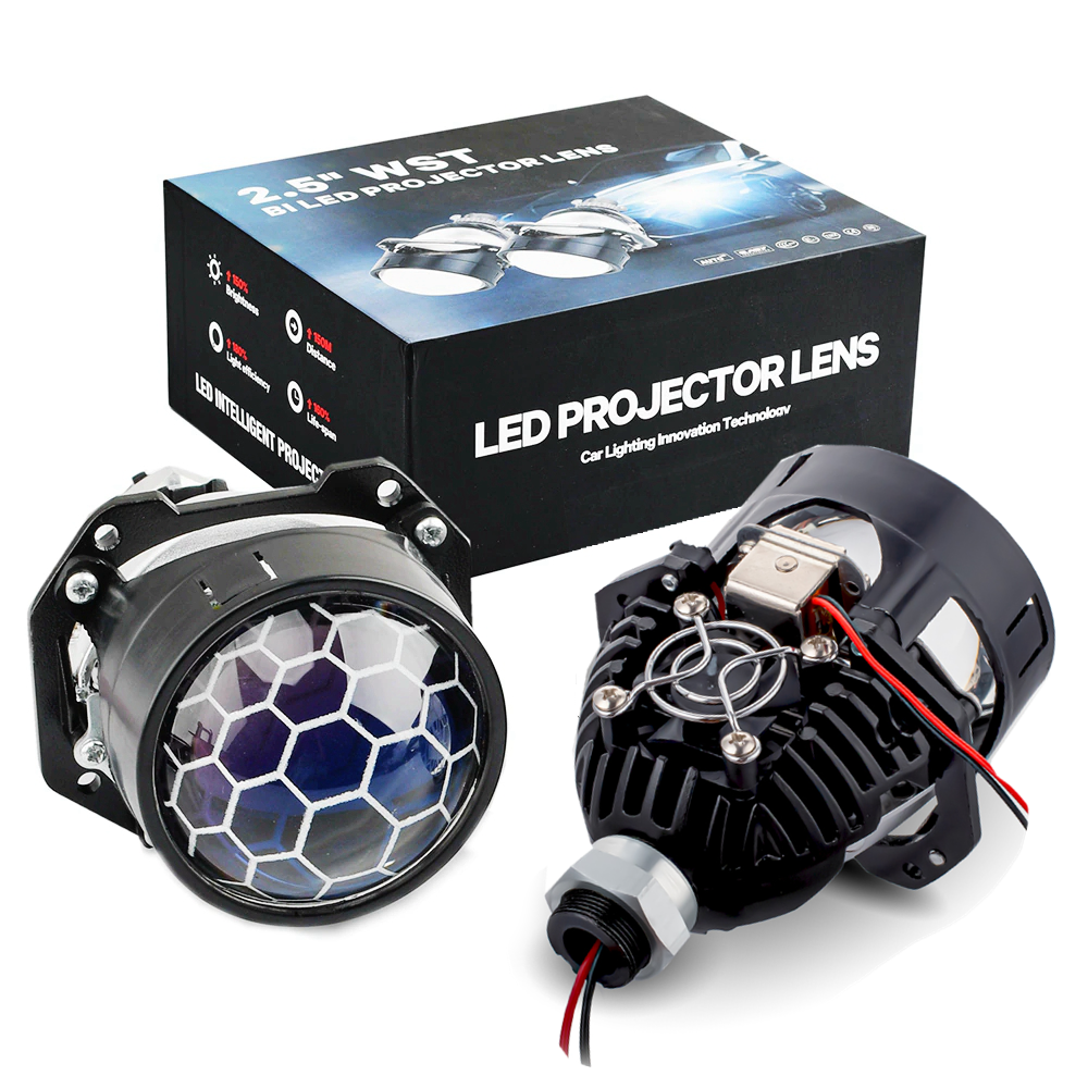 90W 2.5 Inch Bi-Led Lens Blue Honeycomb For H1 H4 H7 9005/9006 Socket Car Headlight Retrofit Upgrade Kit with Shrouds Accessory