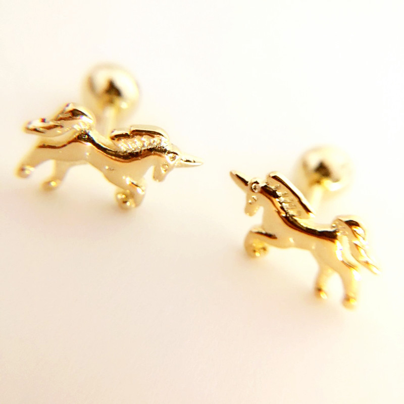 Cute 925 Sterling Silver Gold Color Small Unicornio Horse Screw Back Stud Earrings For Women Girls Kids Baby Piercing Jewelry