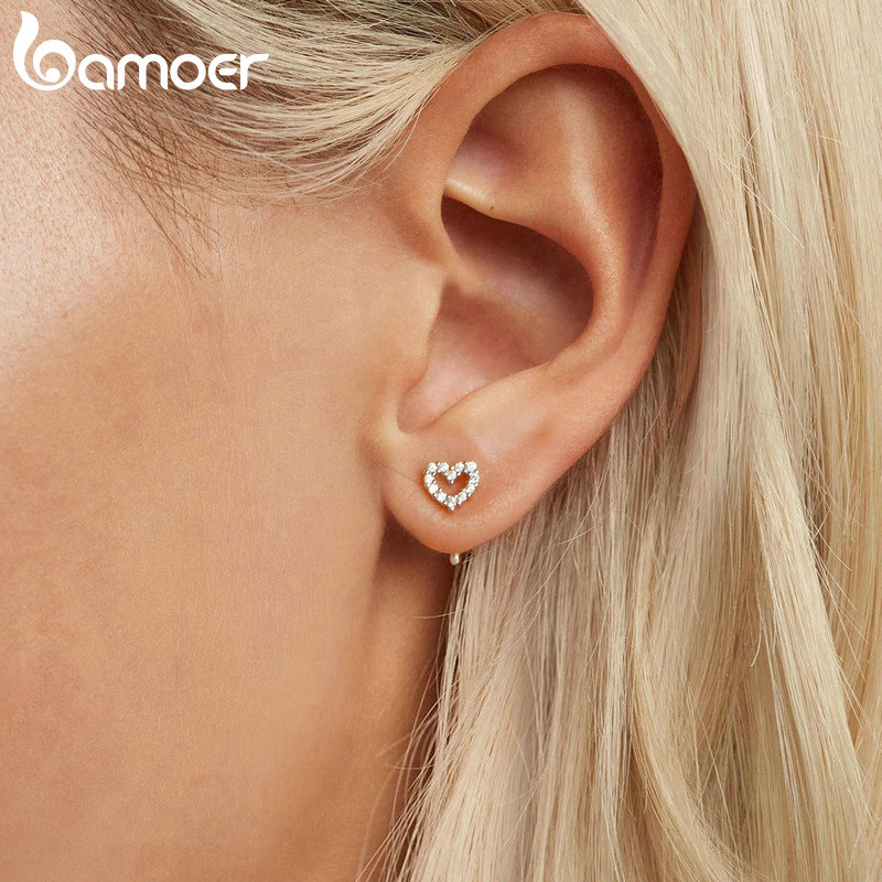 BAMOER Platinum Gold Plated Heart Stud Earrings | 925 Sterling Silver Dainty Earrings for Women