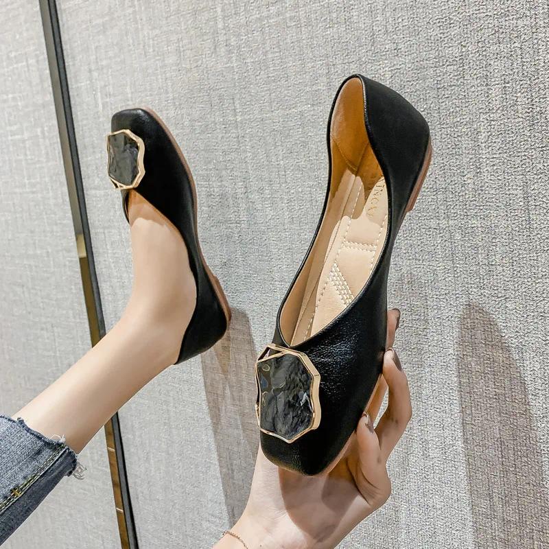 Casual Shoes Flats Summer Women Flat Ballet Square Toe Shallow Buckle Metal Slip On Female Loafers Zapatos Mujer