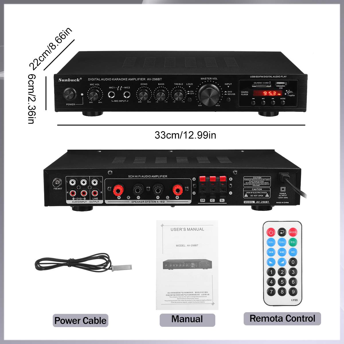 Sunbuck 2200W bluetooth 5 Channel Power Amplifier HiFi Stereo Speaker Amp Support FM Radio 2 Mic USB SD Card Input 298BT