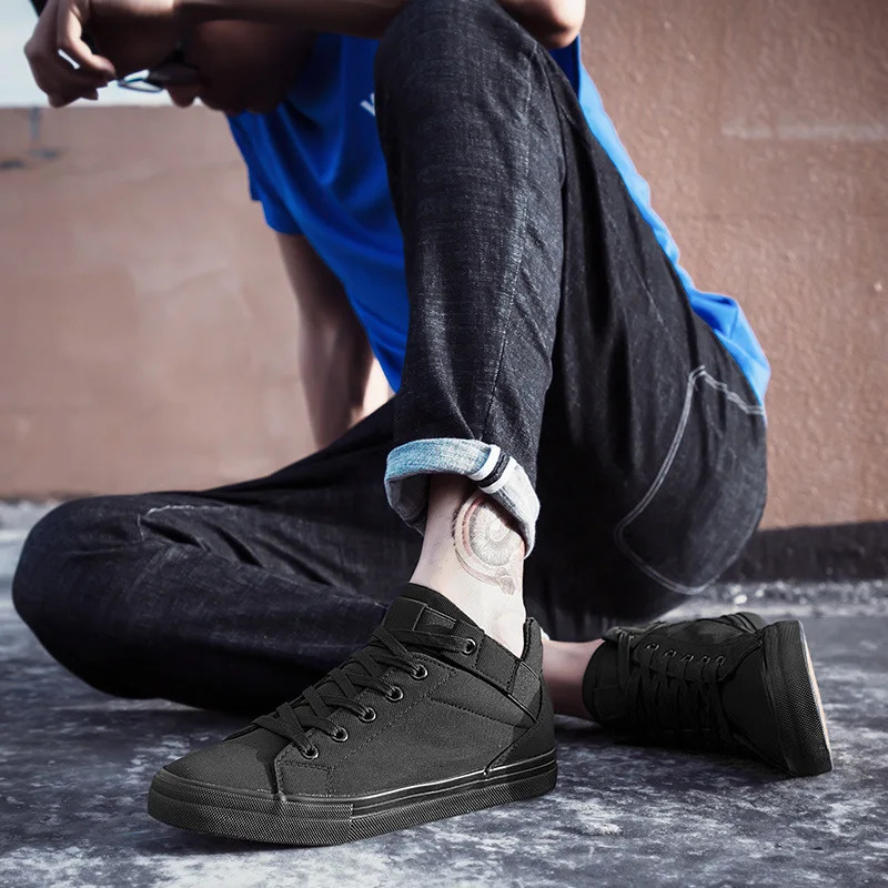 Black Sneakers Men Canvas Shoes Height Increasing 3cm Cool Young Man Footwear Breathable Cloth Mens Casual Shoes 240624