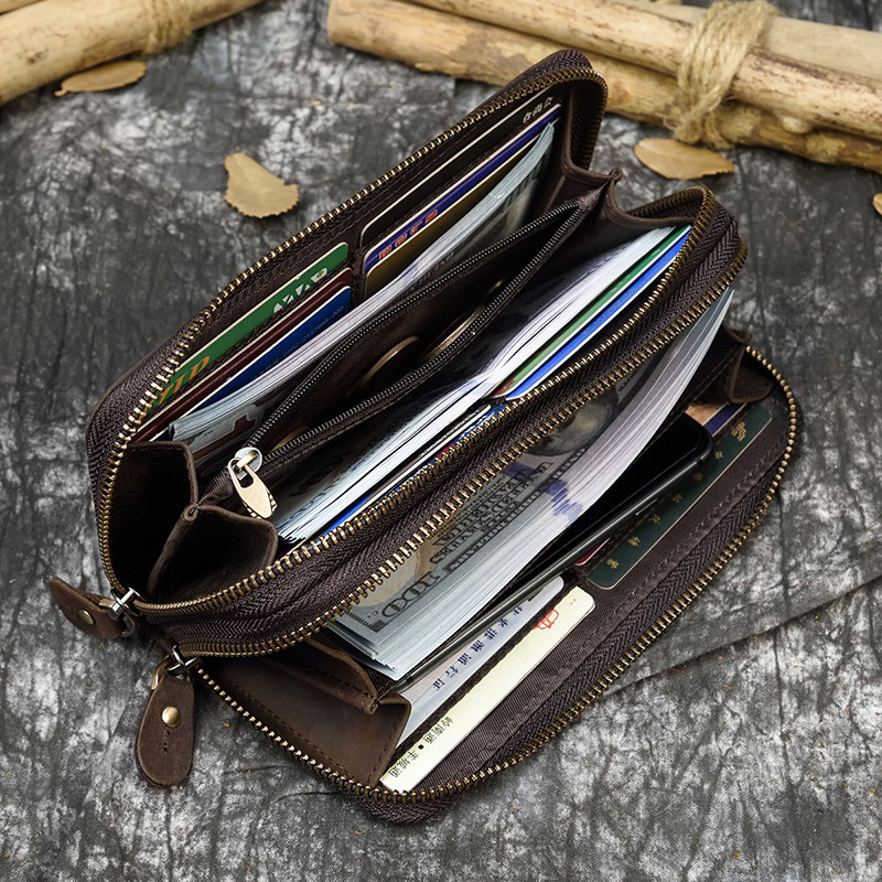 Free Shipping Double Zipper Women Long Vintage Male Clutch Purse Man Phone Card Coin 100% Genuine Leather Men Wallet Designer Bag Luxury Bag Tote Bag