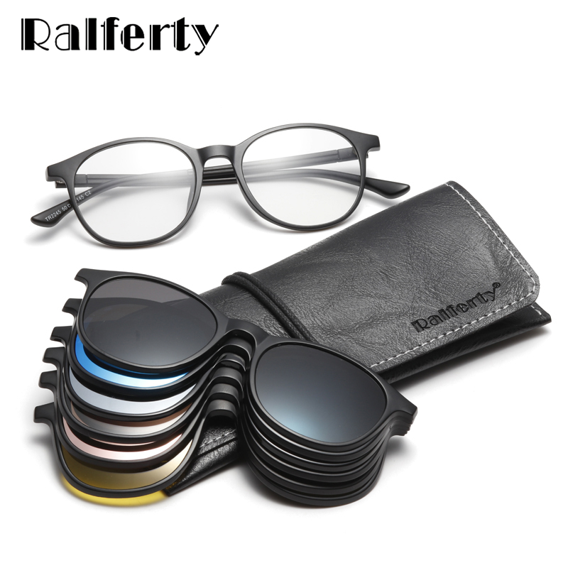 Ralferty Magnet Sunglasses Women Polarized 6 In 1 Eyeglass Frame With Clip On Glasses Men Round UV400 TR90 3D Yellow Oculo A2245