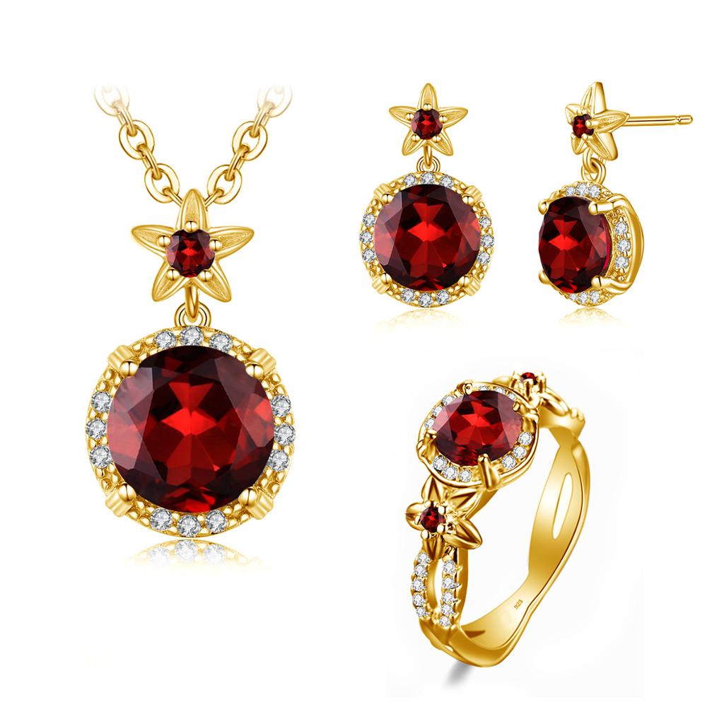 Szjinao 14K Gold Jewelry Sets For Women Boho Flower Engrave Ring Earrings Pendant Set Garnet With Diamond Silver 925 Jewelry Hot