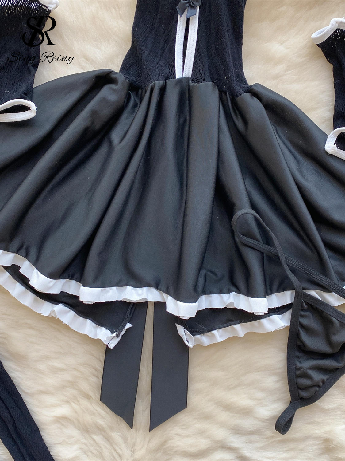 SINGREINY Erotic Uniform Sheer Sexy Pajamas Women Lace Hollow Out Slim Nightwear Hotsweet Cat Cosplay Mesh Porn Underwear Sets