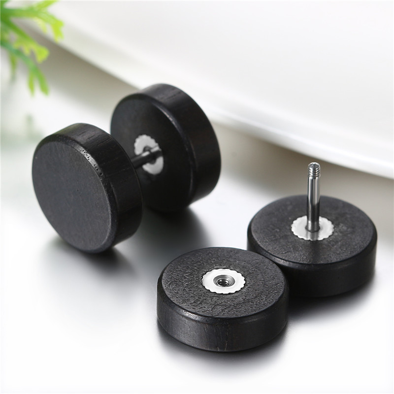 Boniskiss Men Earrings Stud 8/10mm/12mm Wood Dumbbell Barbell Earrings Double Sided Women Earring Body Piercing Boucle D'oreille