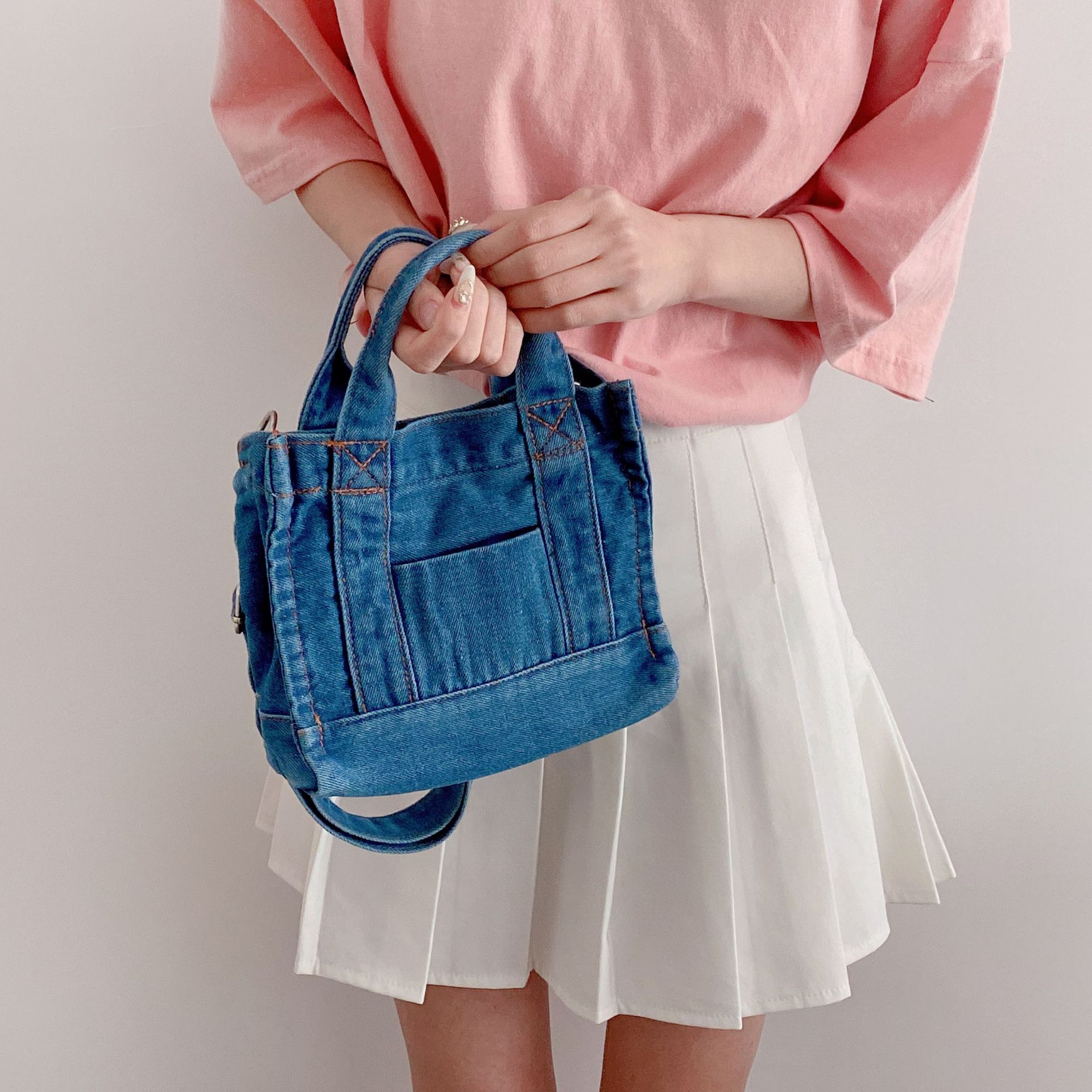 Denim Cloth Women Mini Shoulder Bag Girl Blue Canvas Fabric Handbag Small Casual Tote Detachable Strap Lady Little Zipper Purse