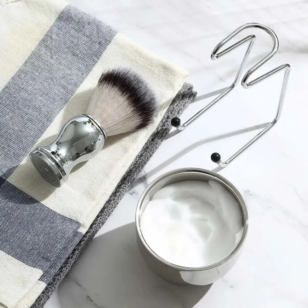 3in1 Vegan Style Synthetic Badger Hair Shaving Brush Stainless Steel Shaving Soap Bowl and Brush Holder Stand Set for Men 240624
