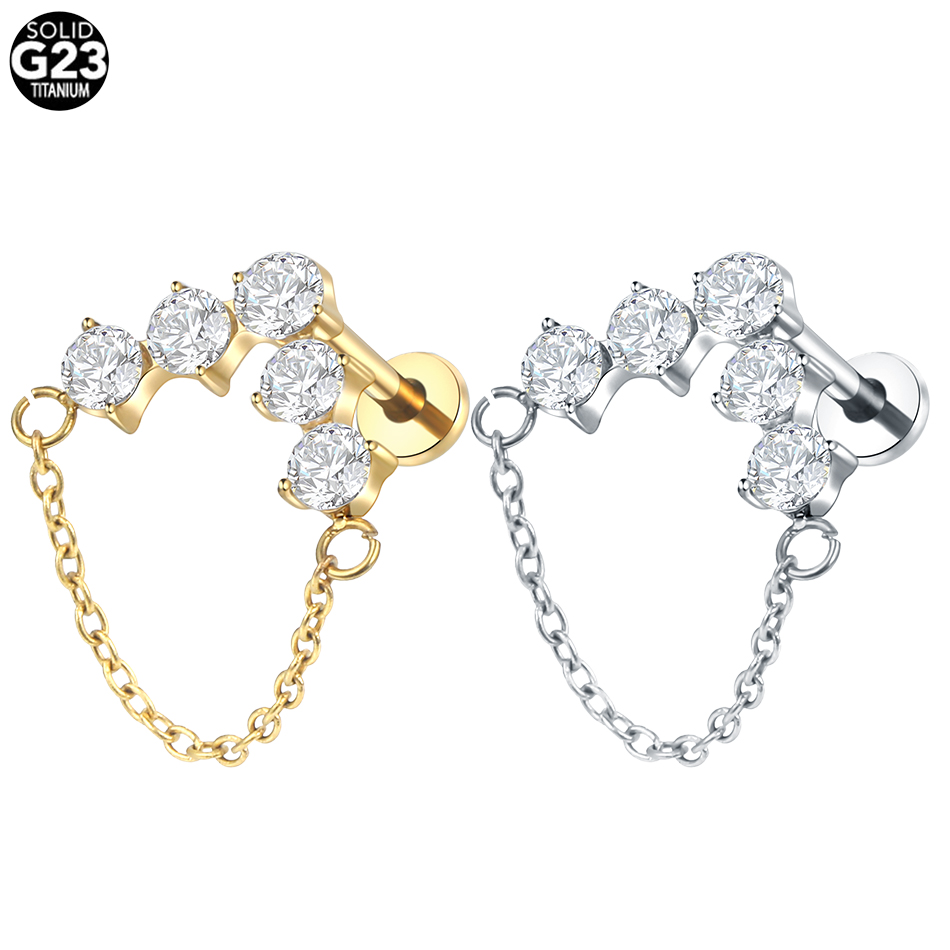 ASTM F136 Titanium 5-Cluster CZ Stud Earring with Dangle Chain Helix Cartilage Tragus Labret Lip Flat Back Piercing Women Gift
